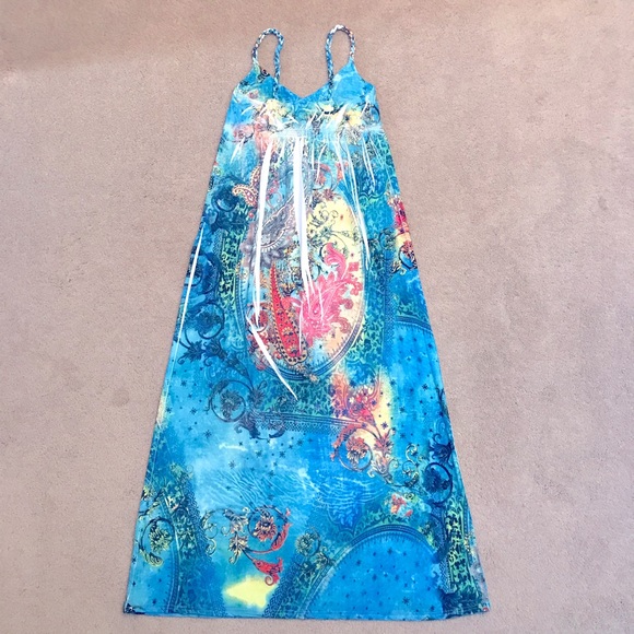 Cristina Love Summer Maxi Dress Women Medium Blue Yellow Touch of Bling Sundress - Picture 2 of 11